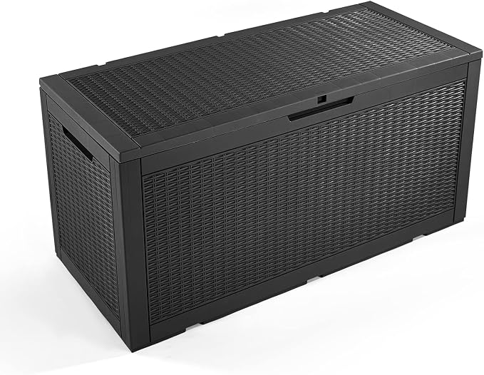 Patio Garden Storage Deck Box, Lockable Outdoor Storage Plastic Bench Box, Waterproof Storage Container Bench Seat (Black, 100 Gallon)
