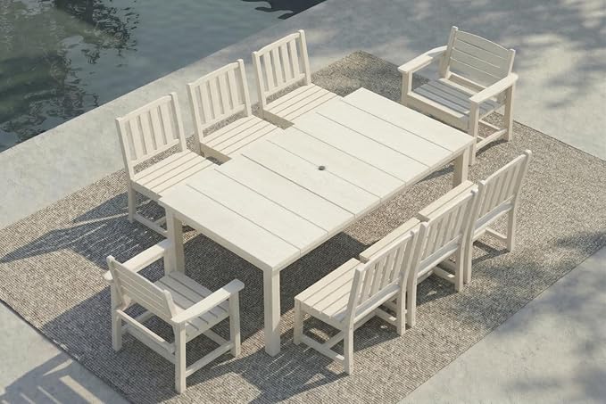 9-Piece Outdoor Dining Set for 8, 75.2" HDPE Table with Umbrella Hole & 8 Chairs, All-Weather Patio Furniture for Lawn, Yard, Deck, or Poolside, Fade & Crack Resistant (White)