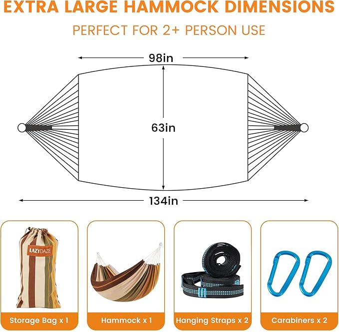Lazy Daze Hammocks Extra Large Double Hammock, Portable Camping Hammock with Travel Bag & Tree Straps for Outdoor, Camping, Backyard, Patio, 550lbs Capacity, Brown & Khaki