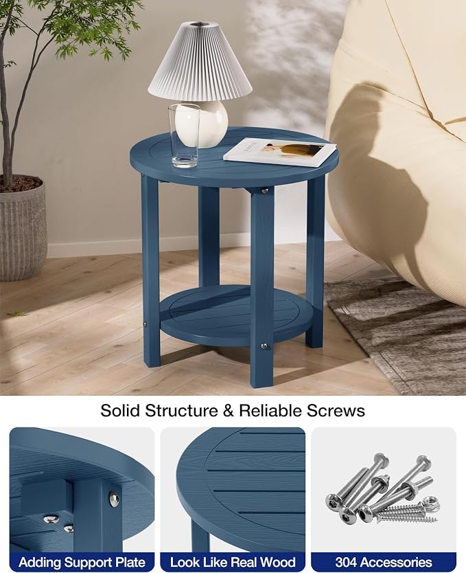 YEFU Outdoor Side Table for Patio: 16in HIPS Small Round Outdoor End Table - 2-Tier Adirondack Tables for Porch Patio Yard Poolside Living Room Beach Bedroom (Navy, 2 Pack)