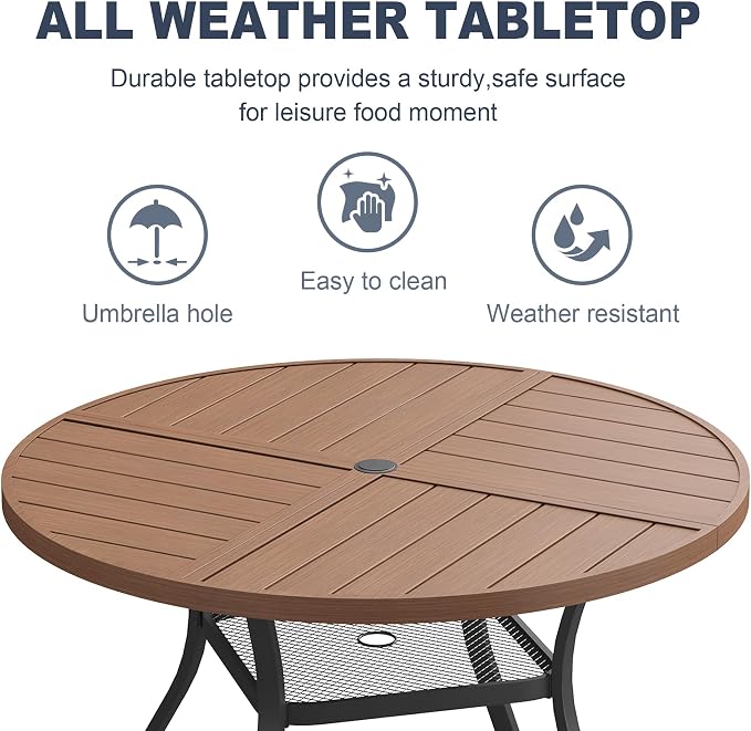 VICLLAX 47.2" Round Patio Dining Table for 4-6, All Weather Metal Outdoor Table with 1.57" Umbrella Hole and Storage Shelf for Garden Lawn Deck, Walnut