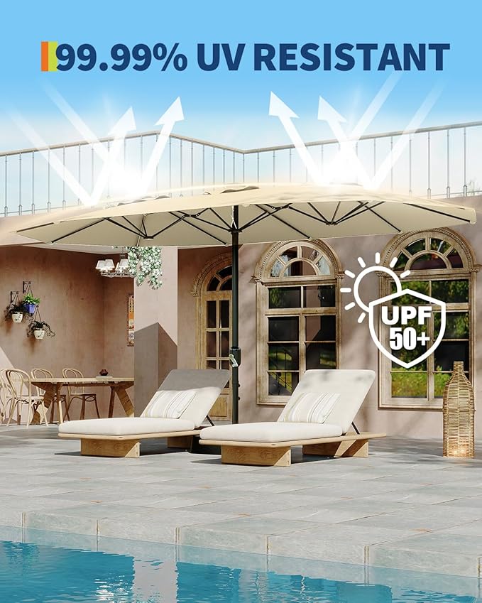 GarveeLife Large Patio Umbrella with Base Included, Double-Sided Rectangle Market Umbrella with Cross Base and Sandbag for Pool Lawn Garden (Beige, 15 ft)