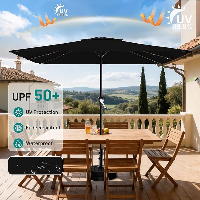 AreShark 8' X 10' Rectangular Patio Umbrella with Solar Lights, Lighted Solar Umbrella with Crank, Outdoor Table Umbrella for Garden, Deck, Backyard, Pool and Beach, Black