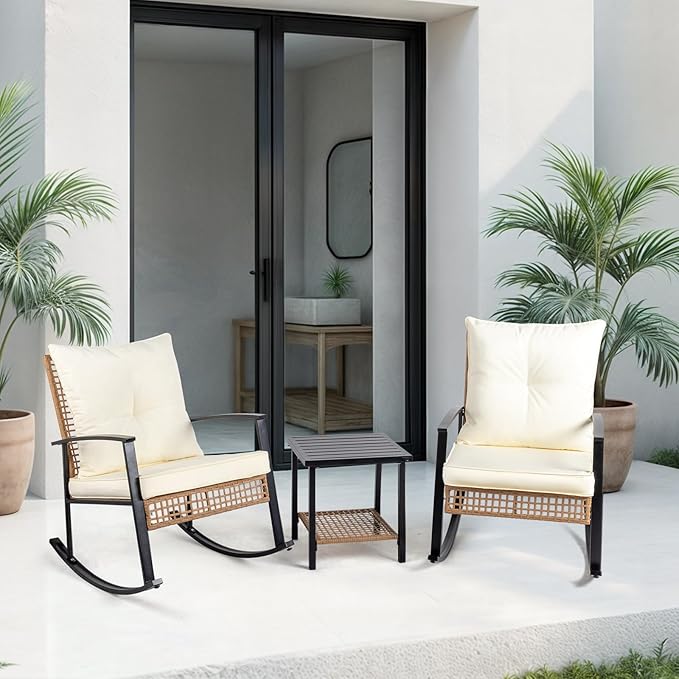 3 Pieces Patio Furniture Set, Outdoor Wicker Rocking Chairs with Cushions, Coffee Table, Rattan Bistro Rocker Set for Front Porch, Relaxing & Dining Conversation Set Light Yellow Rattan, White Cushion