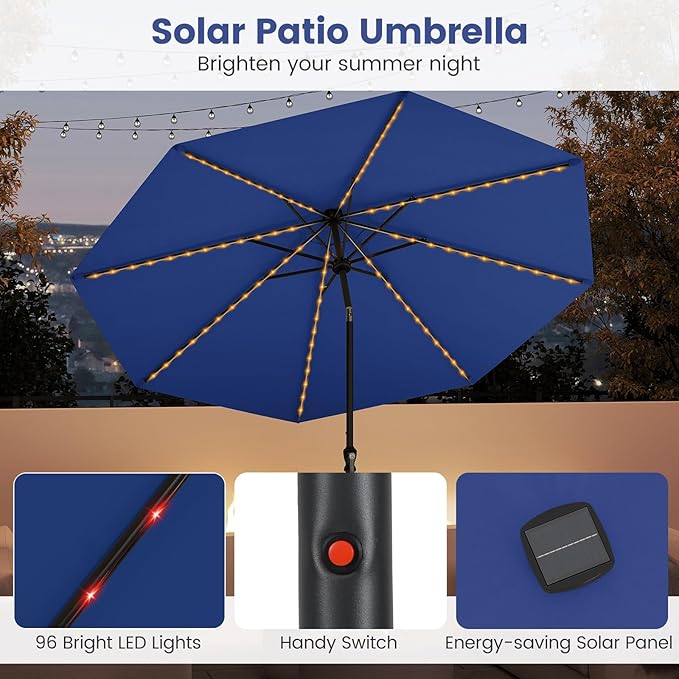 Tangkula 10 FT Solar Patio Umbrella, Outdoor Market Table Umbrella with 96 Multi-Colored Flowing LED Lights, 9 Modes, Tilt Adjustment, Crank Handle, 8 Ribs, Vented Top for Backyard Poolside Deck Lawn