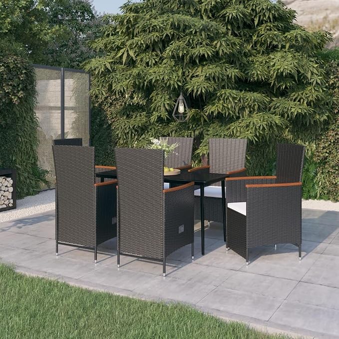 7 Piece Patio Dining Set, Black PE Rattan Outdoor Dining Table and Chairs with Cushions, Reclining Wicker Garden Furniture Set for Backyard and Porch