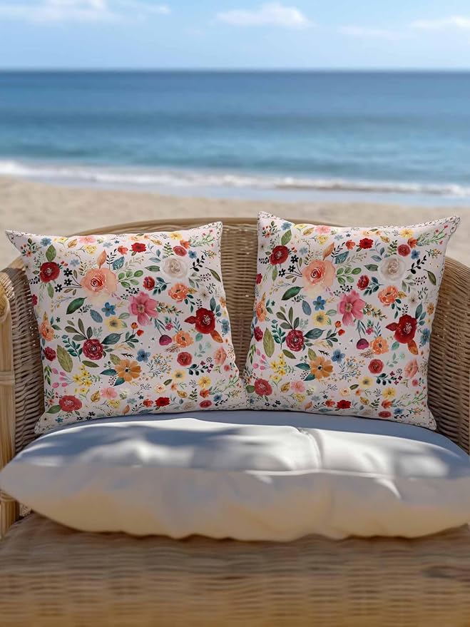Outdoor Waterproof Throw Pillows Watercolor Leaf Colorful Bloom Floral Patio Pillows Pack of 2,Decorative Pillow Covers with Insert,Pillow Cushion Case for Garden Couch Sofa Vintage Country on Pink