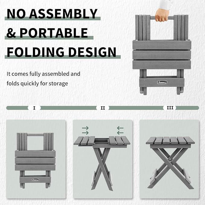 FUNBERRY Outdoor Folding Adirondack Side Table, Patio End Table | No Assembly, Portable, HDPE All Weather, No Rot, No Rust, No Crack, Save Space, Easy-Clean for Indoor or Outdoor