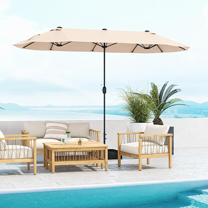Giantex Patio Umbrella with Base, Double-Sided Outdoor Umbrella with Crank Handle, Umbrella Base Stand with 2 Sandbags, 12 Metal Ribs, Market Umbrellas for Garden Poolside Deck