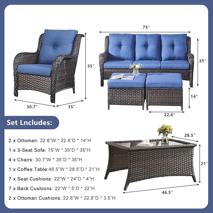 Rilyson Wicker Patio Furniture Chairs Set - 8 Piece Rattan Outdoor Patio Sectional Conversation Sets with 1 Sofa,4 Armrest Chairs,1 Coffee Table and 2 Ottomans for Porch Deck Garden(Brown/Blue)