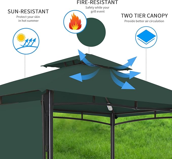 FAB BASED 5x8 Grill Gazebo with Extra Awning, All-Weather Steel Construction, Double Tiered & Resistant Canopy Roof, Metal Serving Shelves, 2 LED, Bottle Opener for Patio, Backyard, BBQ (Green)