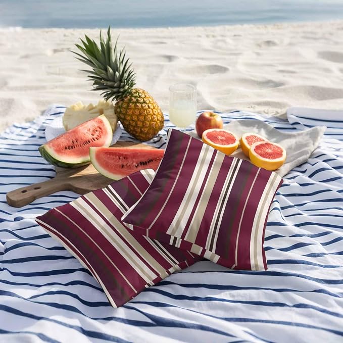 Outdoor Waterproof Throw Pillow Covers Set of 2 Red Striped Pillowcases 16x16 Inches Geometric Beige Stripes Decorative Pillows Cushion Case Patio Pillows for Couch Bed Chair Garden