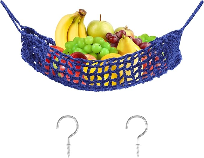 Macrame Fruit Hammock 1 Pack Cotton Fruit Holder Net Under Cabinet Veggie Storage Space Saving Kitchen Decor with Hooks (Sapphire Blue)