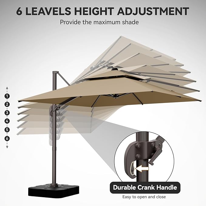 GENTEACO 10X10 FT Cantilever Umbrella, Large Offset Patio Umbrella with Double Top, 6 Angle Tilts & 360° Rotation, Large Square Sun Umbrellas for Outdoor Patio Pool Deck Market, Tan