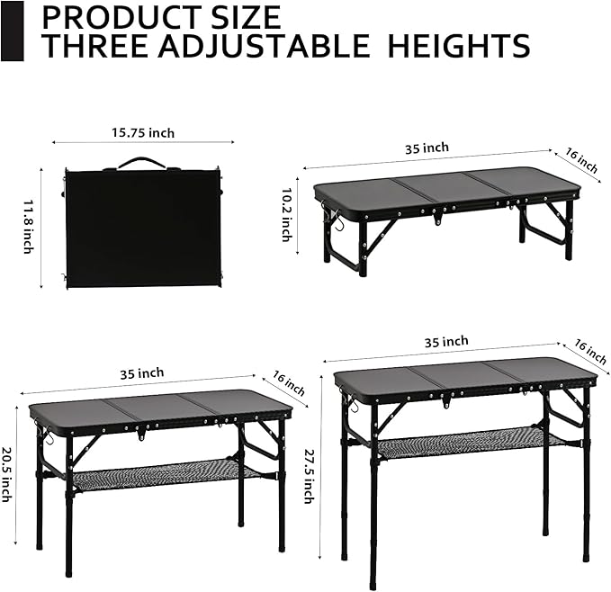 YihuiKo Folding Picnic Table with Storage Net, Matte Black Aluminum Folding Table 35" x 16", Adjustable Height Max 27.5", Lightweight Portable for Camping Travel