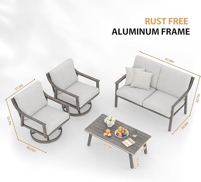 HAPPATIO 4-Piece Patio Furniture Set - Outdoor Aluminum Patio Conversation Set Includes 1 Loveseat, 2 Swivel Chairs, and 1 Coffee Table, Perfect for Porch, Deck, Garden, (Grey)