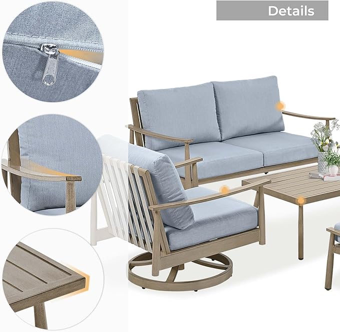 HAPPATIO Patio Outdoor Furniture Set - 6 Pieces Aluminum Outdoor Conversation Set with 1 Cushioned Loveseat, 1 Coffee Table, 2 Swivel Chairs, and 2 Ottomans for Yard, Porch, and Deck (Brown)