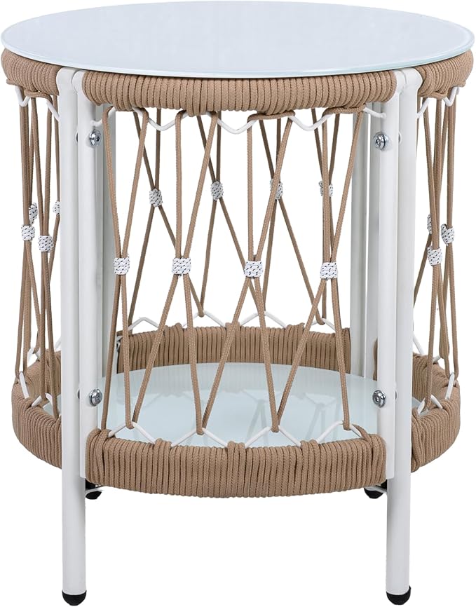 BohoChic Outdoor Side Table - Handwoven Rope & Tempered Glass Top Table with Powder-Coated Steel Frame, 20" Small Desk Size for Patio/Poolside(Beige+Natural)
