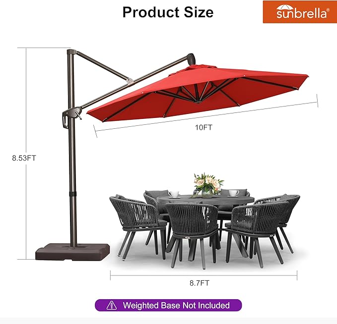 PURPLE LEAF 10' X 10' Cantilever Patio Umbrella with 360-degree Rotation Aluminum Round Outdoor Offset Hanging Umbrella for Patio Pool, Red