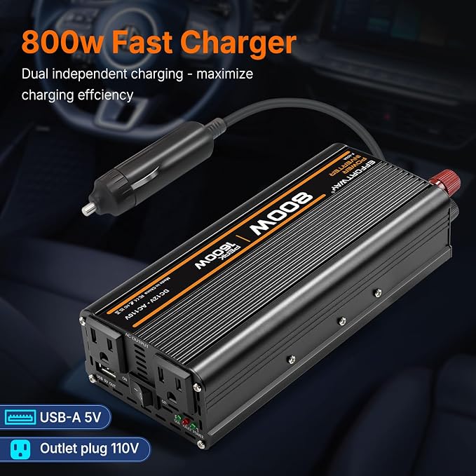 800W Power Inverter, Inverter 12V to 110V with 2 AC Outlets, 2.1A USB Port, Car Power Inverter with Alligator Battery Clamp for Phone, Laptop on Camping, Road Trip