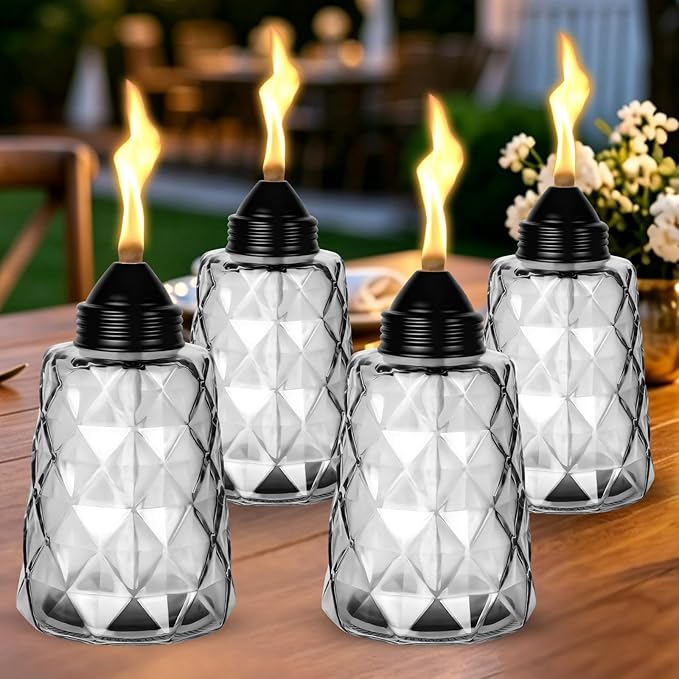 4-Pack Glass Tabletop Torches Outdoor, 12 oz Citronella Torches Canisters with Wick & Cap, for Patio, Backyard, Garden, Parties, Outside Deck (Black)