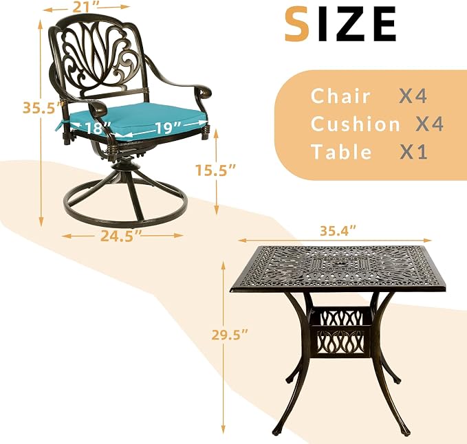 5 Piece Patio Dining Set, Outdoor Table and Chairs Set for 4 Cushioned Swivel Rocking Chairs and 35.4'' Square Table, All-Weather Cast Aluminum Patio Funiture Set, 2.2'' Umbrella Hole, Blue