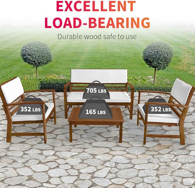 FDW 4-Piece Patio Conversation Set Acacia Wood Outdoor Sofa & Chairs with Coffee Table, Water-Resistant Cushions for Backyard, Garden, Balcony, Porch, Deck, Poolside, Beach Chat Set