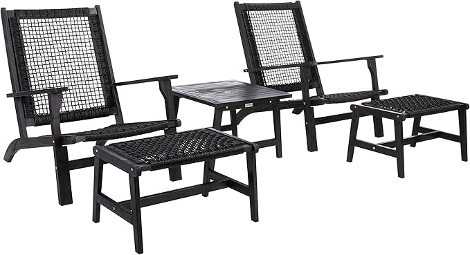 SAFAVIEH Outdoor Collection Chantelle Acacia Wood Woven Rattan 5-Piece Patio Set PAT7076C, Black/Black