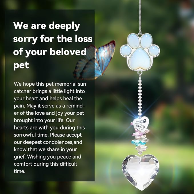 Dog Memorial Gifts, Pet Memorial Suncatcher, Loss of Dog Sympathy Gift | Thoughtful Dogs and Cats Bereavement Remembrance Gifts, Natural Cat's Eye Stone Paw Crystal Suncatcher