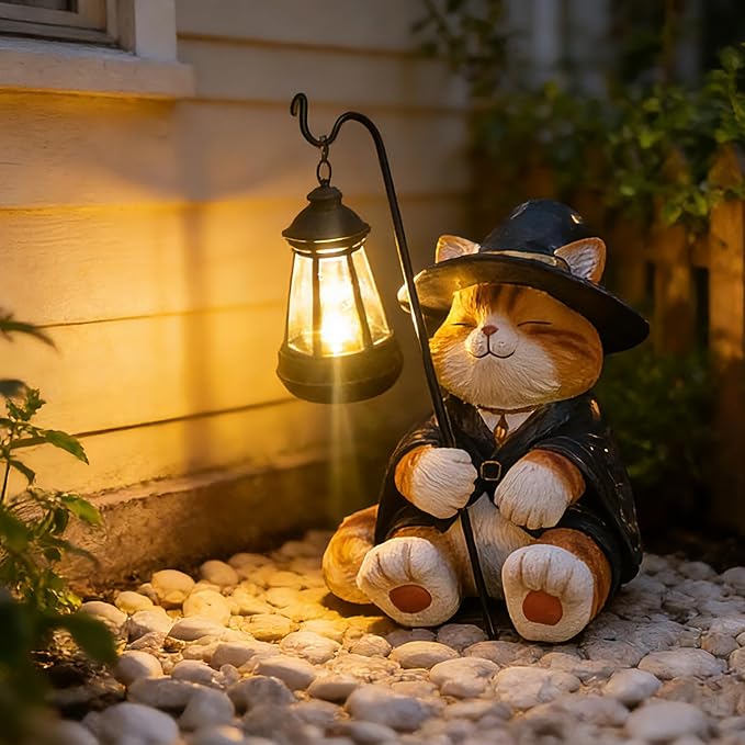 Decorative Solar Lights Garden Cat Statue Outdoor Figurine Light Themed Wizard Cat Lantern for Garden Decoration Outdoor Decor