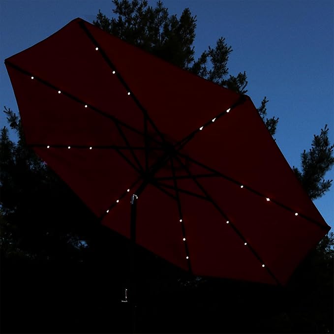 Sunnydaze 9 ft Outdoor Patio Umbrella with Solar Lights - Polyester LED Table Market Umbrella with Push-Button Tilt and Crank - Burnt Orange