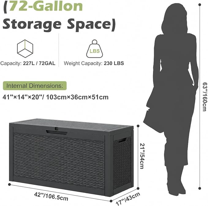 72 Gallon Outdoor Storage Box, Waterproof Resin Deck Box with Lockable Lid – Storage Cabinet for Patio Furniture, Pool Supplies, Garden Tools – Indoor & Outdoor Use