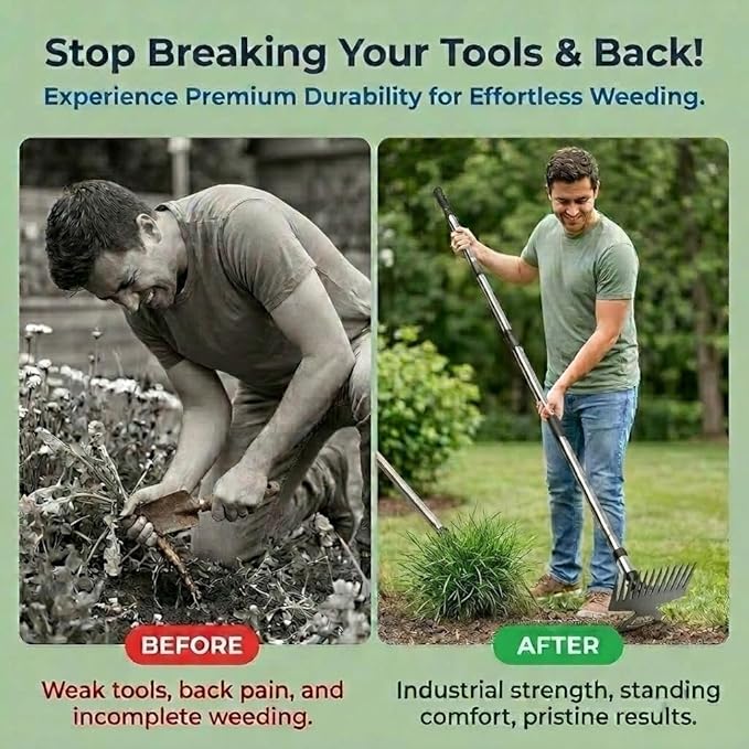 Premium 45.67" Standing Hand Weeder: Long Handle Hoe with Non-Slip Rubber Grip. Portable Root Puller for Yard, Lawn & Patio. Multi-Functional Soil Tiller & Digging Tool for Back-Saving Gardening.