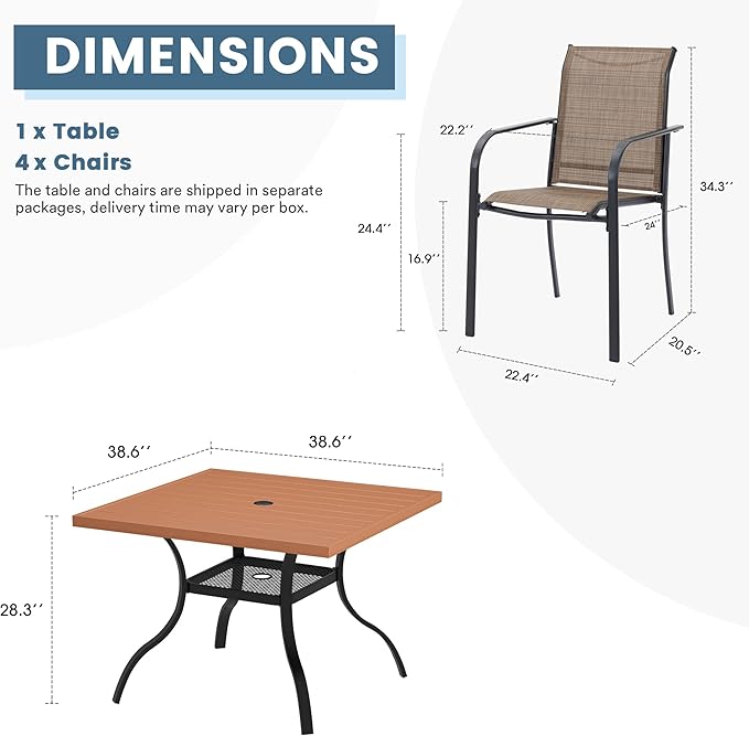 DIFY 5 Pieces Outdoor Patio Dining Set for 4, 38.6" Walnut Square Patio Table with Umbrella Hole and 4 Brown Stackable Sling Chairs, Outdoor Table and Chairs for Lawn Garden, Backyard