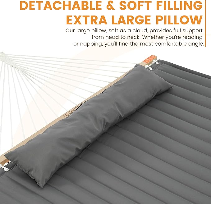 Lazy Daze Hammocks 2 Person Double Quilted Fabric Hammock with Spreader Bar, Detachable Pillow, Side Pocket, Carabiners, Chains, Straps for Outdoor, 450lbs Capacity, Grey