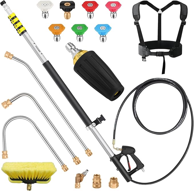 24 FT Power Washer Extension Wand with Turbo Nozzle & Brush Head | Telescoping Pressure Washer Extension Wand, Aluminum Solar Panel Cleaner Pole, 7 Nozzle Tips, 3 Adapters & Harness