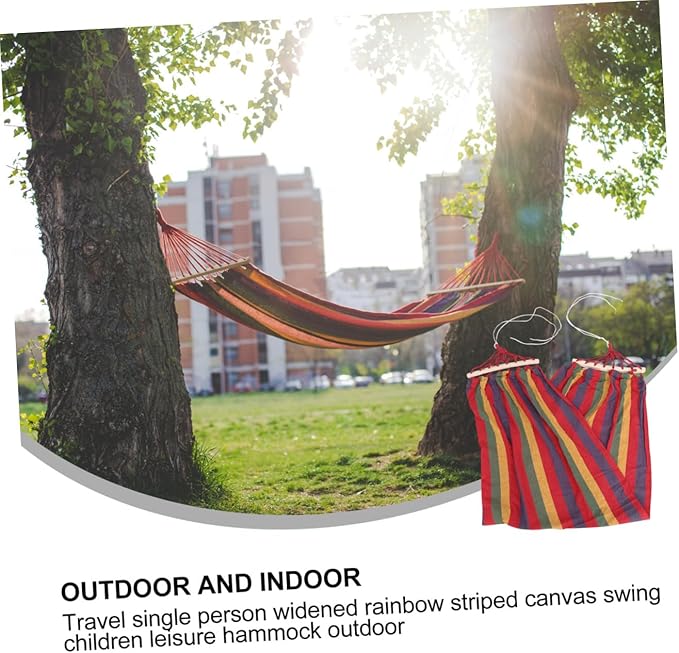 Single Person Traveling Hammock Rainbow Striped Outdoor Swing for Patio Leisure with Anti-tip Design, Wide Canvas Cotton Suitable for Camping and Backyard Use