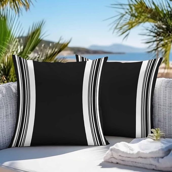 Farmhouse Black Outdoor Waterproof Throw Pillow Covers 16x16 Set of 2, Aesthetic Modern Line Striped Decorative Pillowcases Cushion Pillowcase for Couch Sofa Patio Outside Pillow Protector