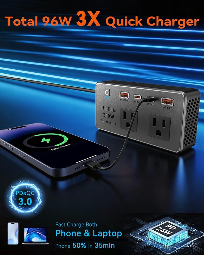 200W Multi-Port Car Power Inverter 12V DC to 110V/120V AC,Small Auto Outlet Adapter-24W USB A/C&3 Plug for Laptop,Portable Inverters for Vehicle Minivan SUV RV Road Trips Camping Essential(Black)
