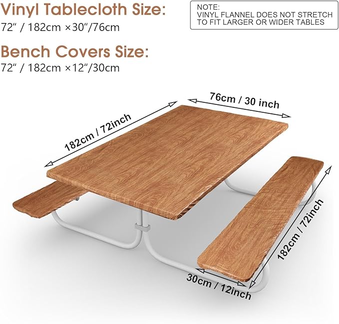 BBTO Vinyl Picnic Table and Bench Set 72" x 30" Waterproof Elastic Table Cover Flannel Backed Rectangular Fitted Cover