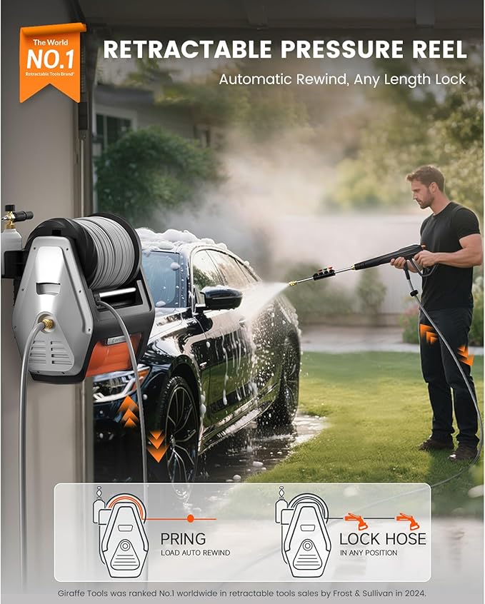 Giraffe Tools Grandfalls Retractable Wall Mounted Pressure Washer Pro, 3700 PSI, 1.6 GPM Electric Power Washer, Automatic Rewind, 100ft Pressure Hoses, 5 Nozzles for Cars/Fences/Patios, Light Silver