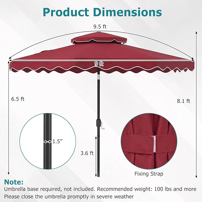 Happygrill 9 FT Patio Umbrella, Scalloped Outdoor Table Market Umbrella with Push Button Tilt & Crank, 2-Tier Vented Top, Heavy-Duty 8 Metal Ribs, Sun-Protective Canopy, Ruffle for Deck Pool Garden (Red)