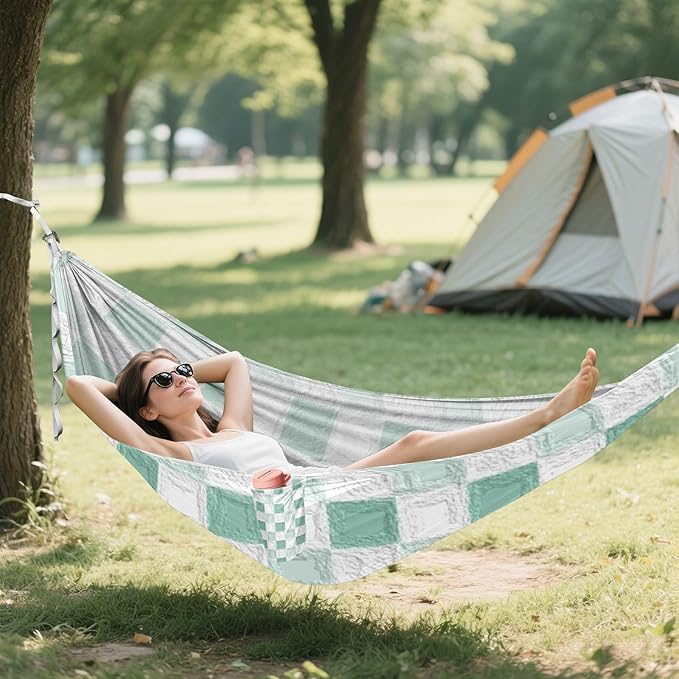 Oil on Canvas Green and White Checkered Pattern 330lb Capacity Hammocks with Tree Straps Backyard Hammock for Patio Backyard Lounge Base hamacas para adultos
