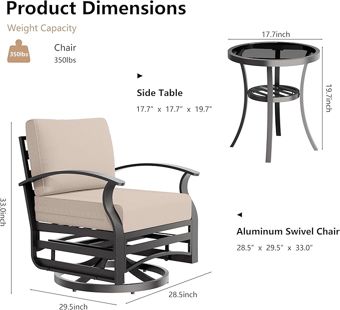 3 Piece Aluminum Swivel Rocking Chair Set, Outdoor Patio Swivel Gliders Chair with Glass Top Coffee Table, Conversation Furniture Set Suitable for Patio, Lawn, Outdoor, Back Garden(Brown)