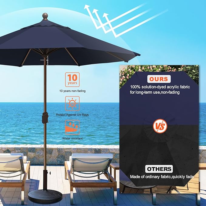 Eurmax USA 10-Year-Non-Fading 10FT Outdoor Patio Market Umbrella,UPF50+ UV Resistant Sun Shade,Heavy Duty Commercial Grade,Crank Lift Design,Windproof Vented Top for Garden,Pool,Deck,Navy Blue