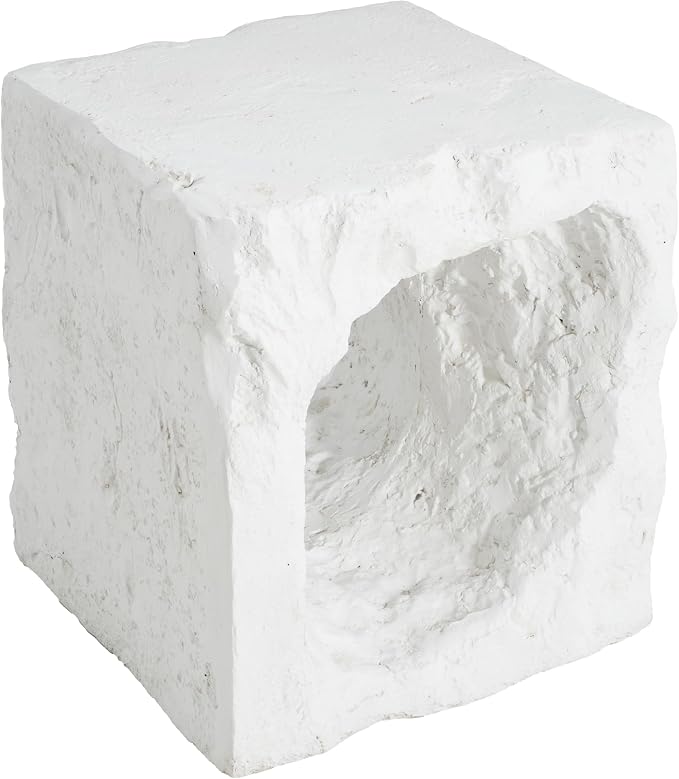 Christopher Knight Home Nataly 17.85" H Small Outdoor Side Table, Cubic Carved Garden Stool with Swirl Patterns, Lightweight Concrete End Table, Patio Decorative Home Stool for Balcony Backyard, White