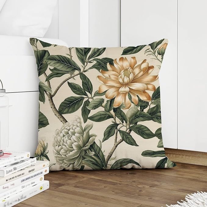 Green and White Chinoiserie Floral Pillow Cover Golden Lotus Flower Pillows 26x26 INAbstract Accent Outdoor Waterproof Decorative Pillow Cover for Patio Couch Bench