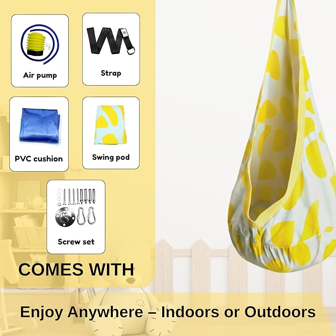 Calming Sensory Swing — Indoor Sensory Hammock for Kids & Adults, Supports up to 170 lb (77 kg), Double-Layer Canvas Fabric, Hanging Hardware Included, White-Yellow