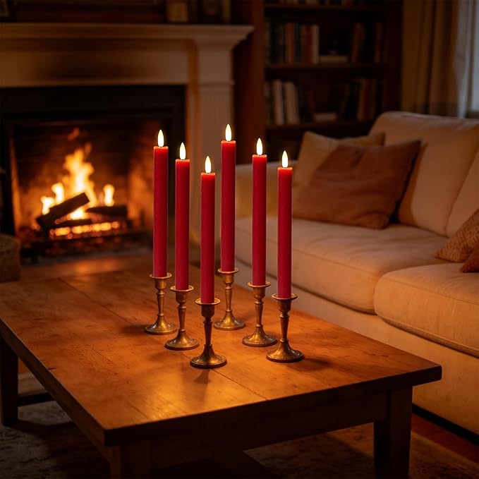 Wondise Flameless Taper Candles with Timer, 6 Pack Battery Operated LED Flickering Real Wax Red Candle for Christmas Wedding Dinner Decorations