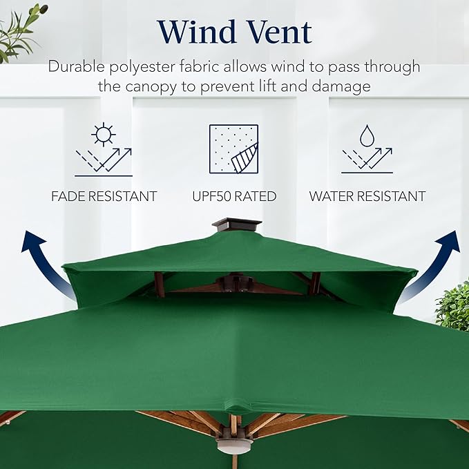 Best Choice Products 10ft Square Cantilever Patio Umbrella w/Base Included, Woodgrain Pattern Pole & Solar LED Lights, 360-Rotation, Offset Hanging Outdoor Shade